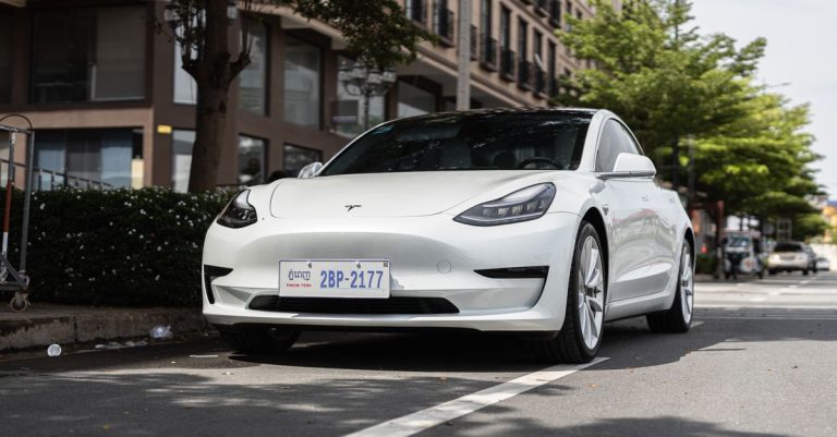 A sleek white Tesla Model 3 parked on a city street under trees, showcasing modern automotive design.