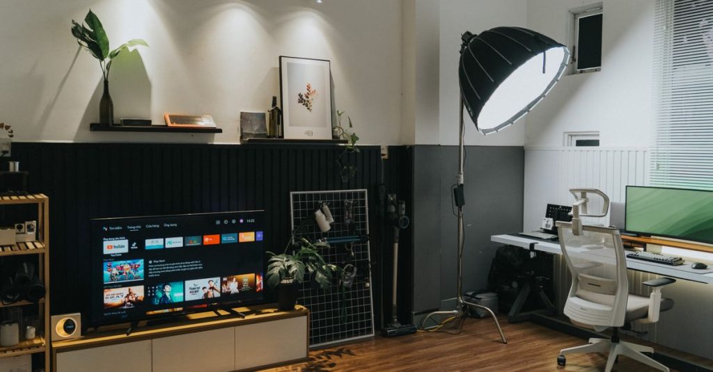 Stylish home office and living room space featuring modern furniture and contemporary design elements.