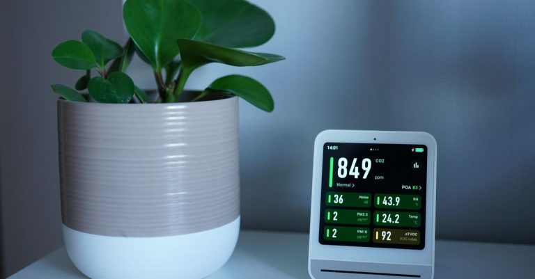 Air quality monitor next to a potted plant on a desk, showing CO2 and PM2.5 levels.