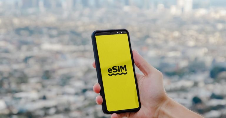 Hand holding a smartphone showcasing eSIM technology with a blurred Los Angeles skyline in the background.