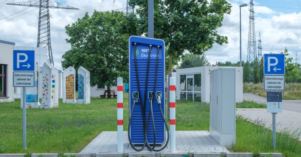 Public charging station with eco-friendly design for electric vehicles.