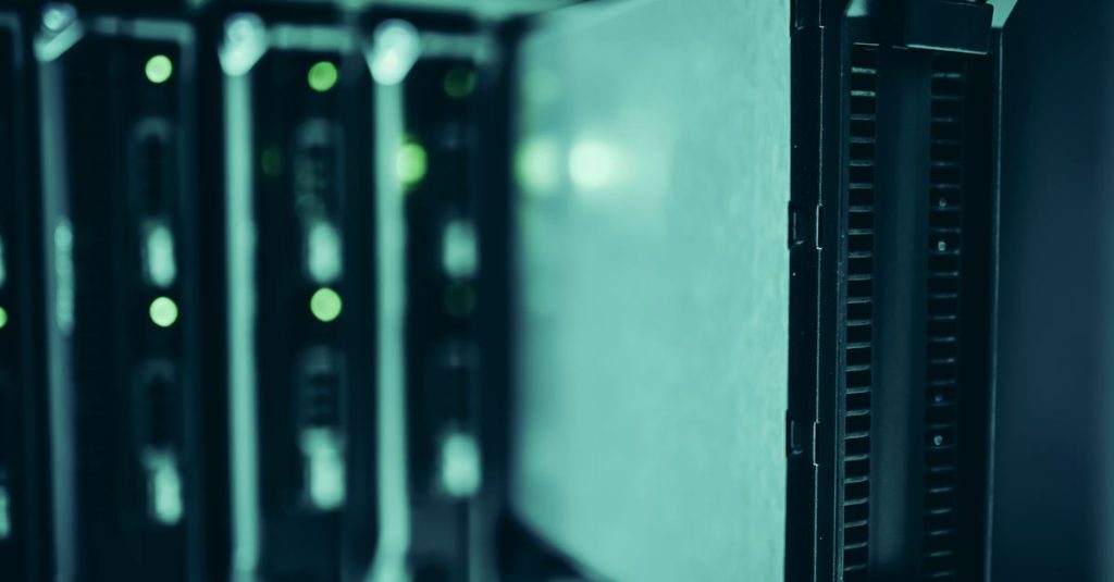 Close-up of server racks in a data center highlighting modern technology infrastructure.