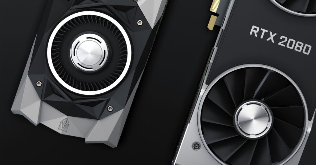 Close-up of two high-performance RTX 2080 graphics cards showcasing their sleek design and cooling fans.
