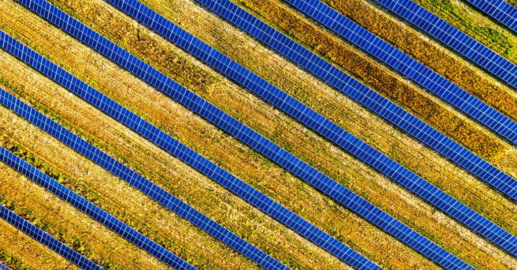 Vibrant aerial shot of solar panels in a field, showcasing renewable energy in Red Wing, MN.