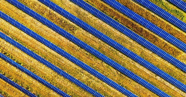 Vibrant aerial shot of solar panels in a field, showcasing renewable energy in Red Wing, MN.