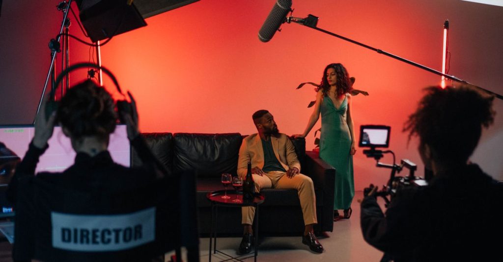 A dynamic film set with actors and crew actively engaged in a studio environment.