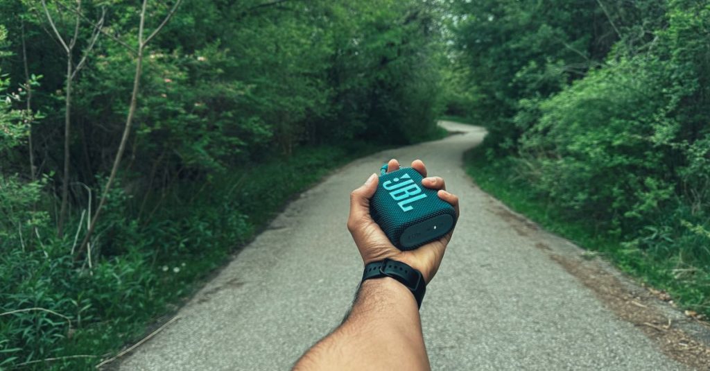 Man holding JBL speaker on a scenic forest path, perfect for outdoor music adventures.