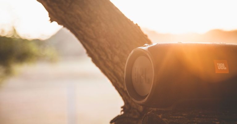 Close-up of a portable Bluetooth speaker on a tree with sun glare, creating a vibrant and warm atmosphere.