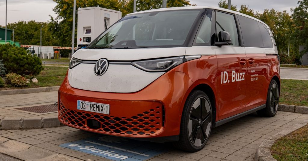 Volkswagen ID. Buzz electric van parked at charging station in Osijek, Croatia.